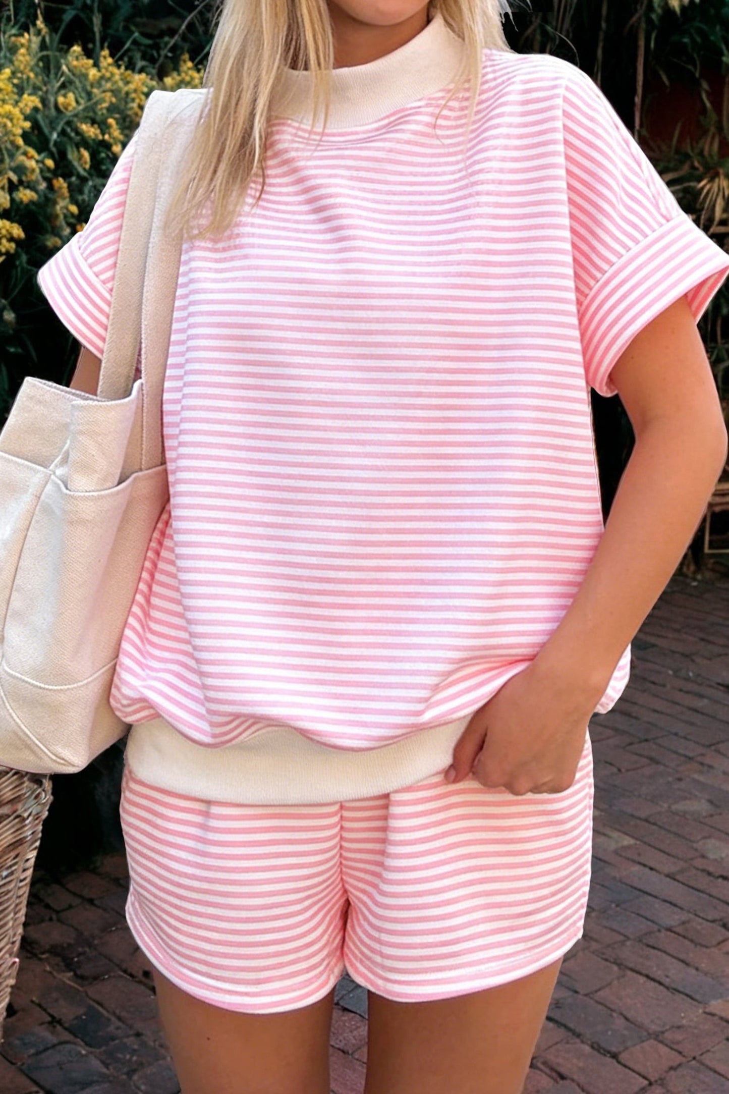 Stripe Contrast Mock Neck Tee & Shorts Set