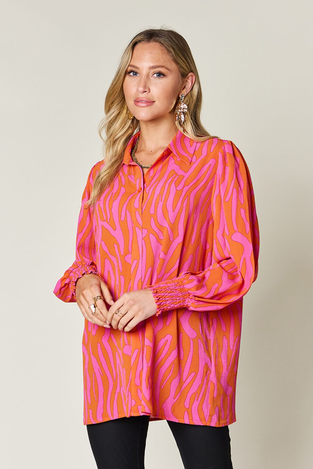 Isaac Double Take Printed Smocked Long Sleeve Blouse