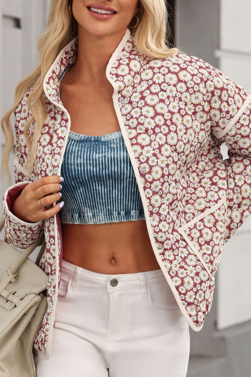 Winter Daisies Quilted Snap Button Jacket