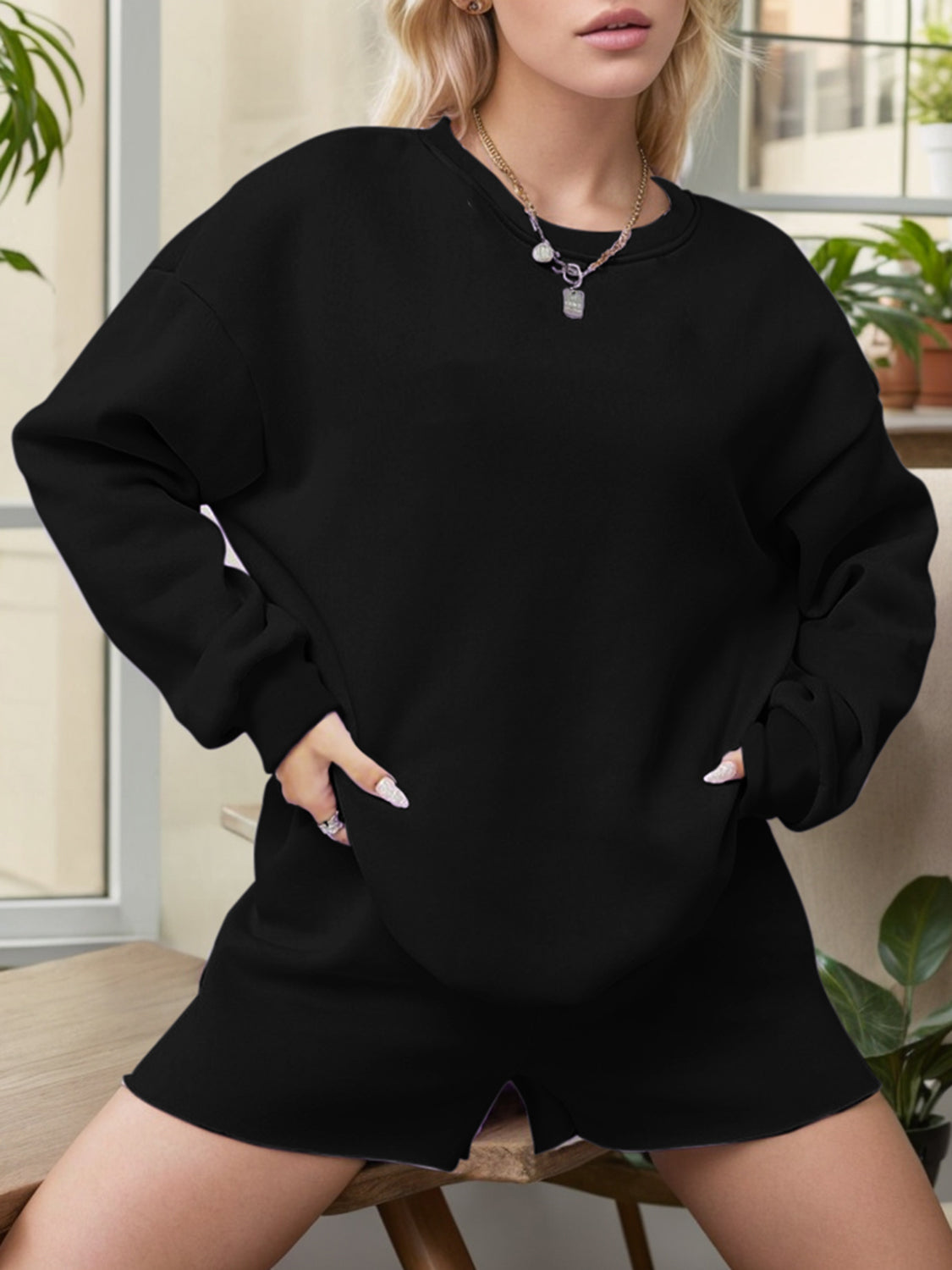 100% Cotton Round Neck Sweatshirt and Shorts Set