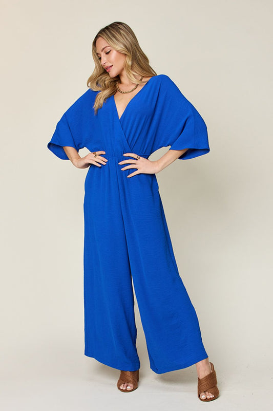 Double Take Surplice Wide Leg Jumpsuit with Pockets