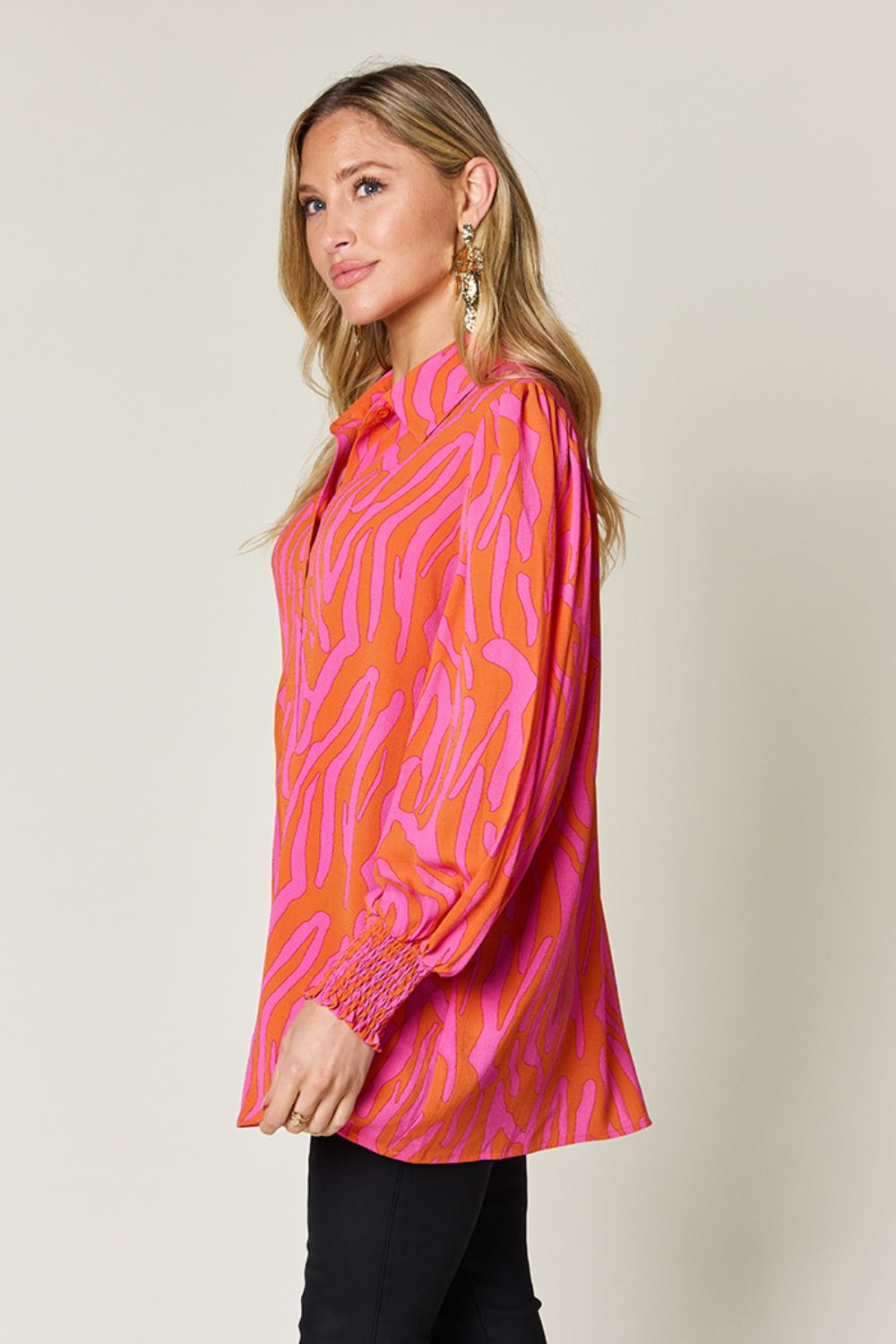 Isaac Double Take Printed Smocked Long Sleeve Blouse