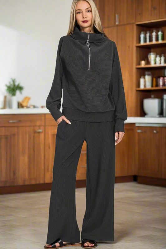 Zenana Ribbed High Neck Half Zip Pullover & Pants Set