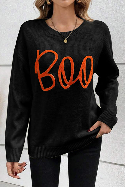 Boo Embroidered Ribbed Knit Top