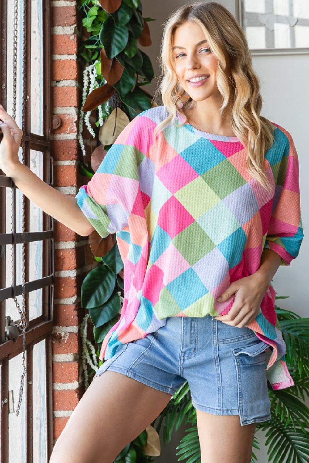 Hope Color Block Waffle Oversized Top