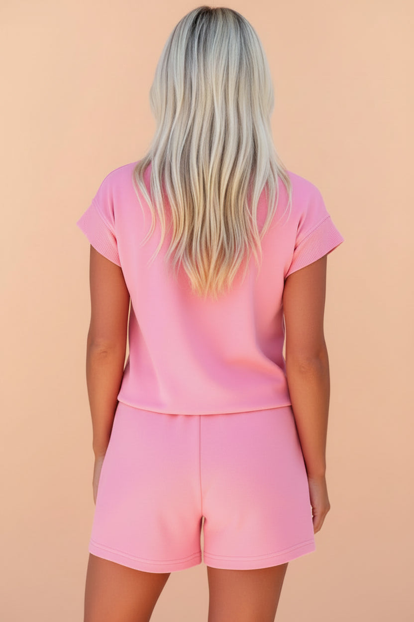 Solid V-Neck Short Sleeve Top & Drawstring Shorts Set