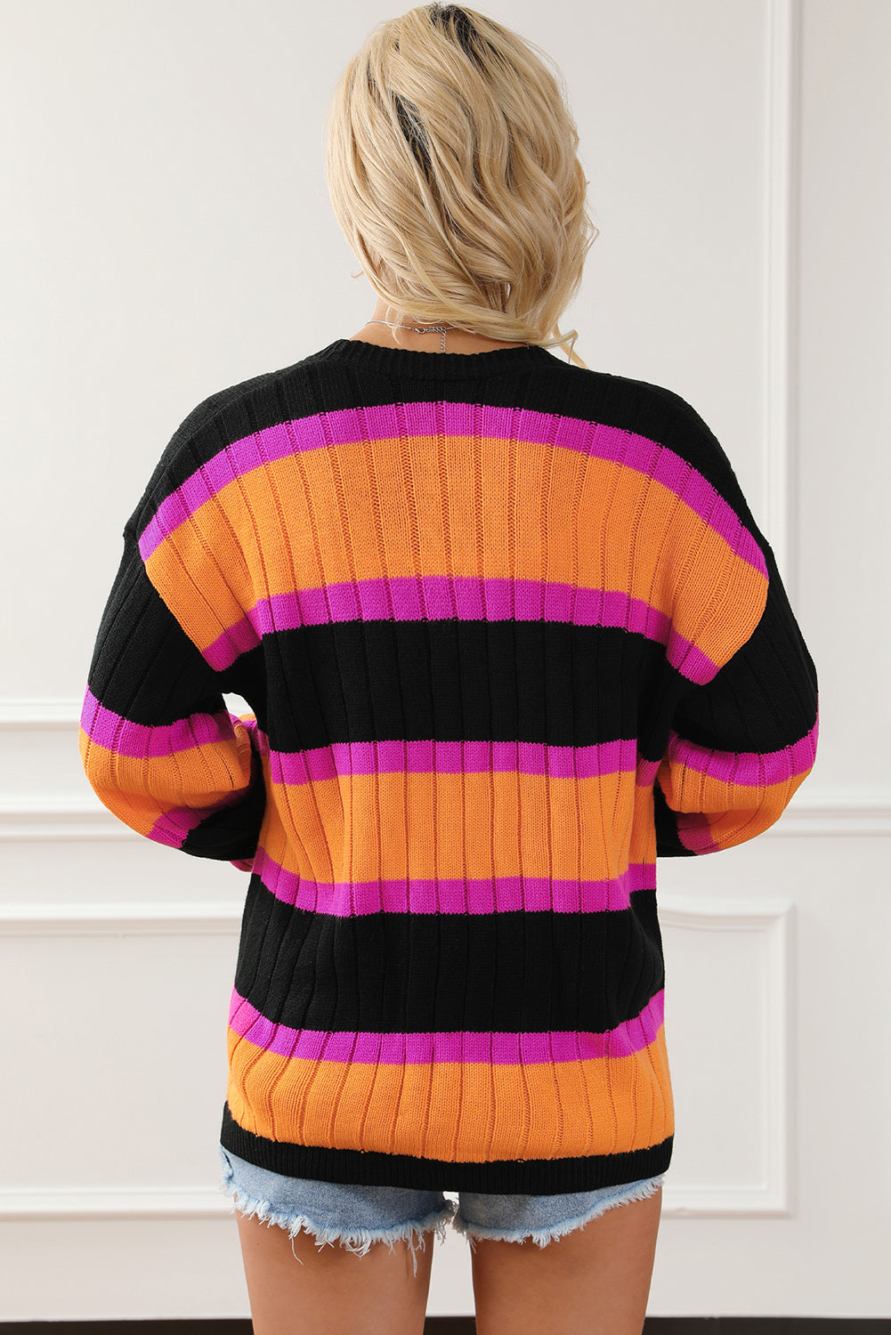 Ribbed Striped Open Front Long Sleeve Cardigan