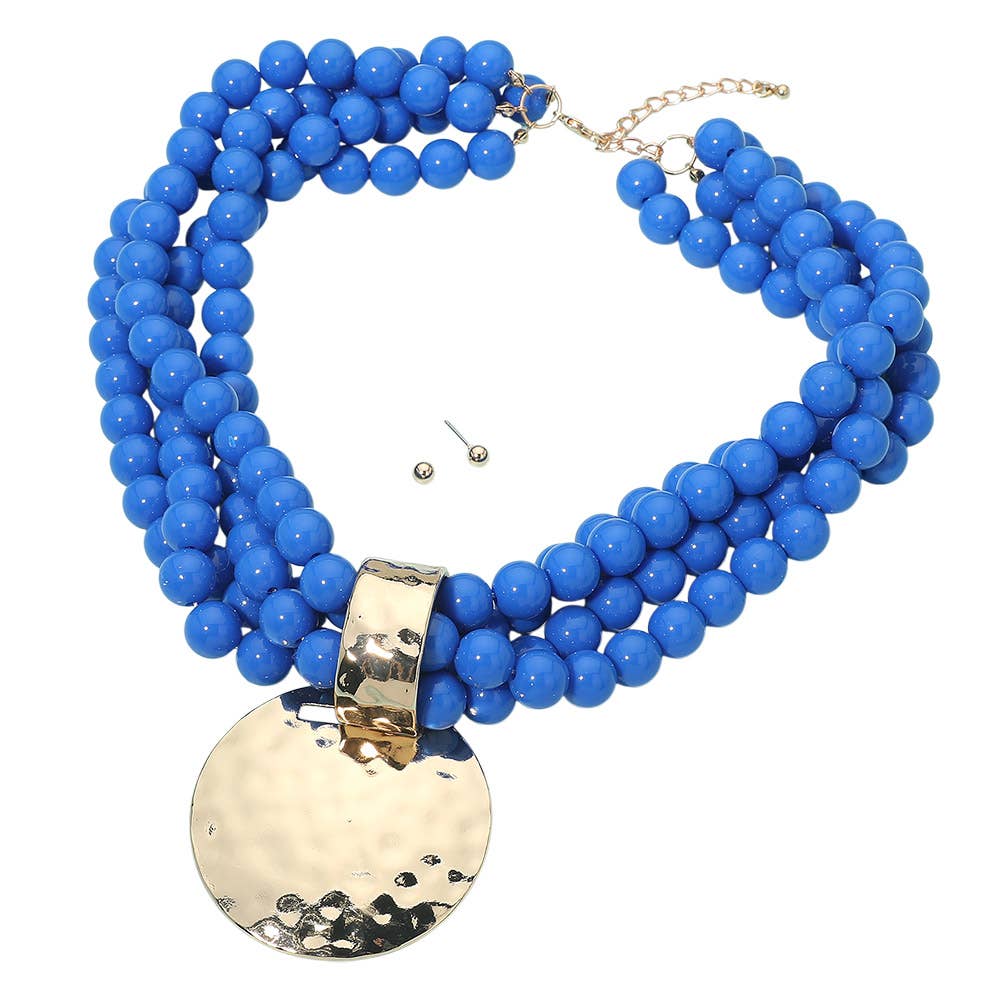 Bold Hammered Disc Plate Pendant Accent Multi Strand Beaded Statement Necklace