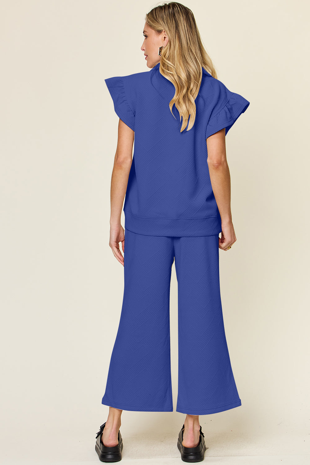 Double Take Texture Ruffle Wide Leg Pants Set