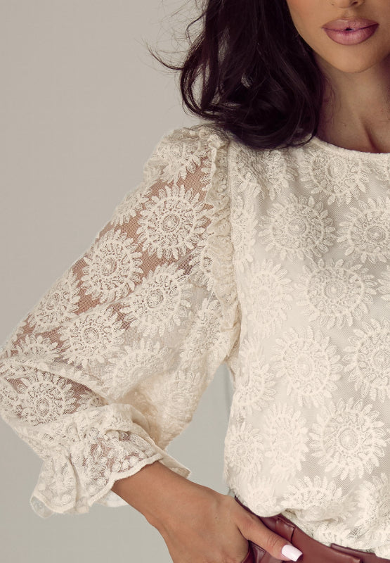 Flower Jacquard Flounce Sleeve Top