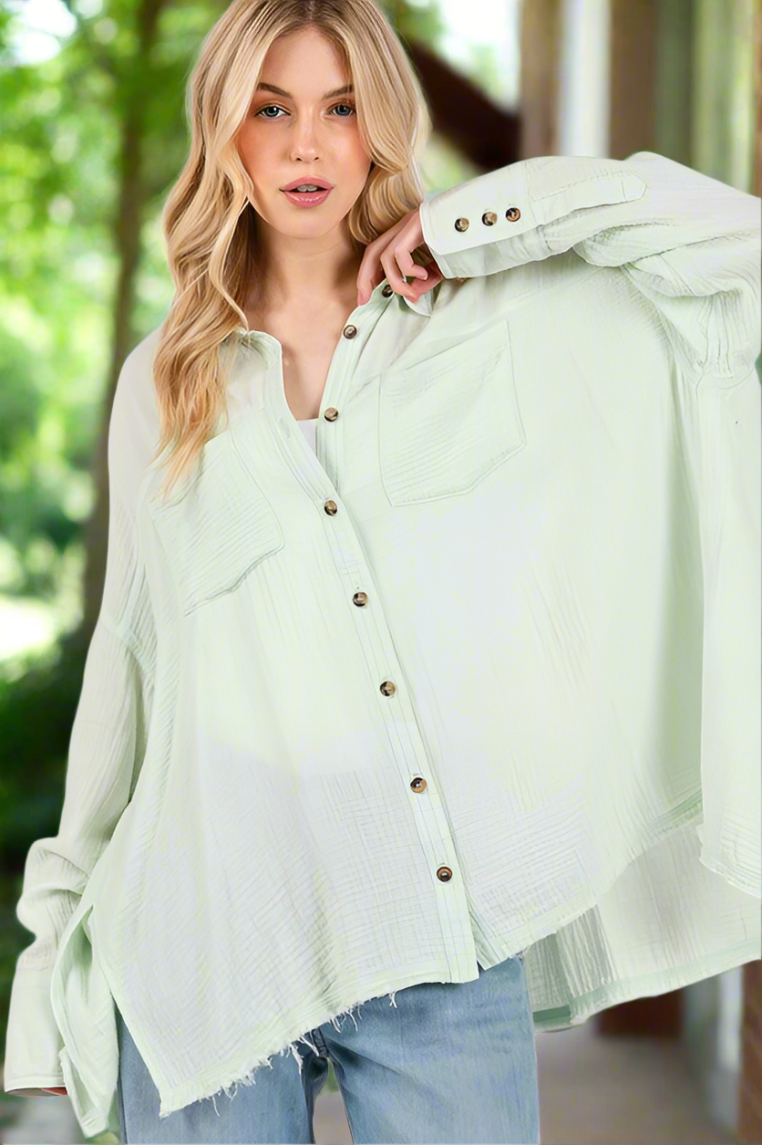 SAGE + FIG Frayed Hem Side Slit Button Down Shirt