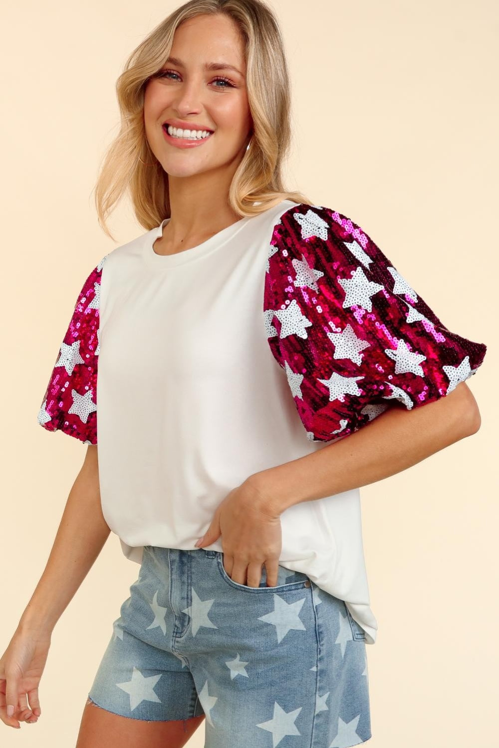 Star Of The Show Bubble Sleeve Sequin Top
