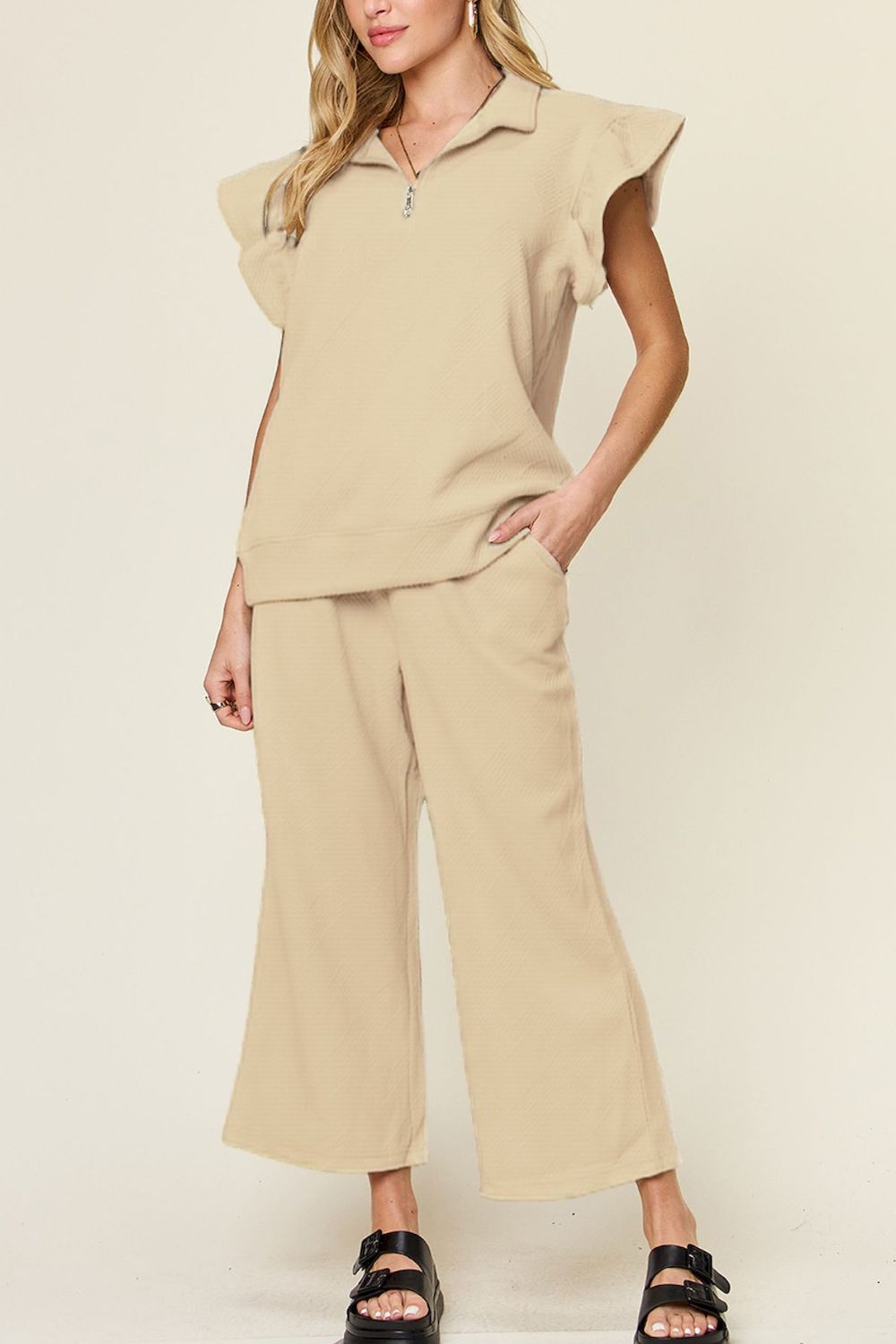 Double Take Texture Ruffle Wide Leg Pants Set