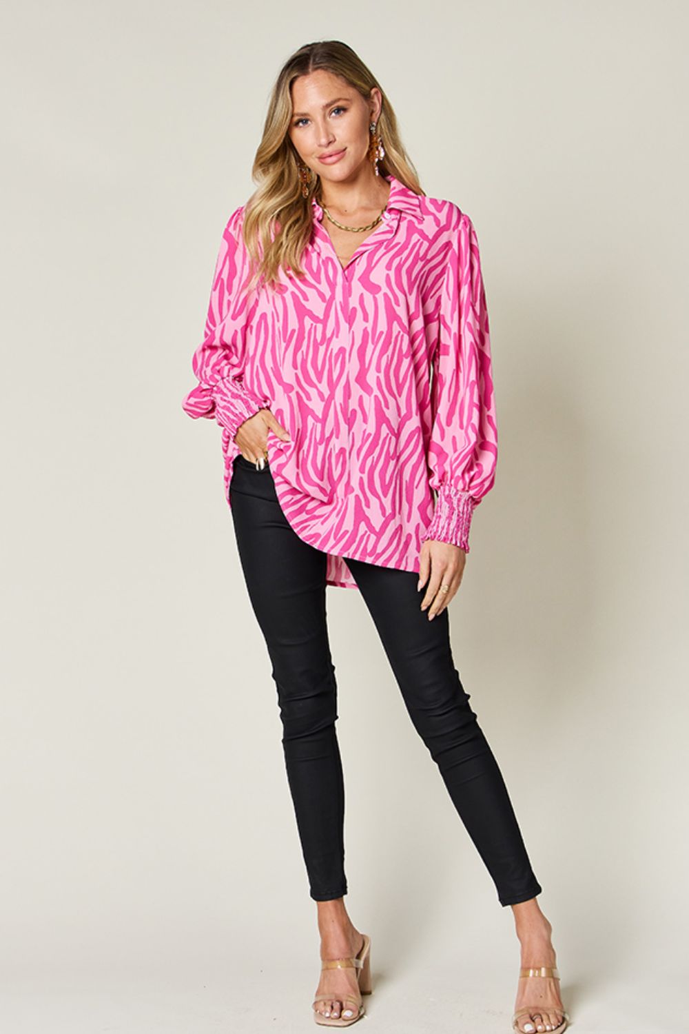 Isaac Double Take Printed Smocked Long Sleeve Blouse