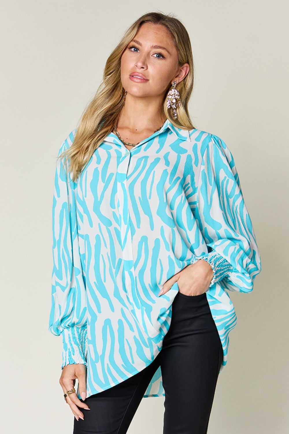 Isaac Double Take Printed Smocked Long Sleeve Blouse