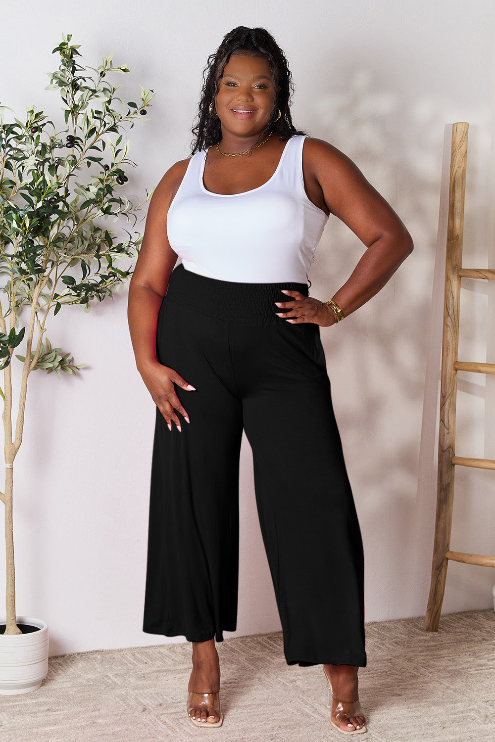 Double Take Smocked Wide Waistband Wide Leg Pants