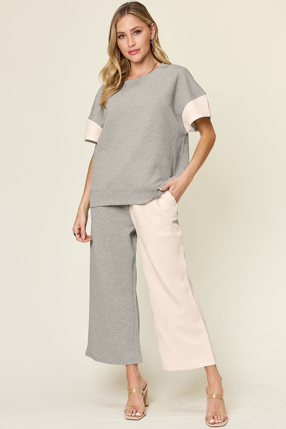 Double Take Texture Wide Leg Pants Set