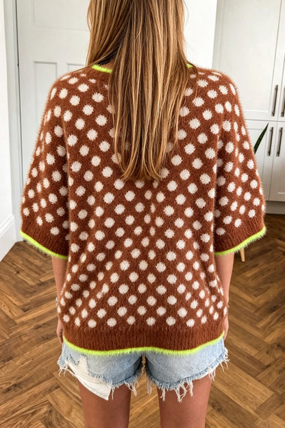 Coffee Polka Dot Contrast Trim Round Neck Half Sleeve Sweater