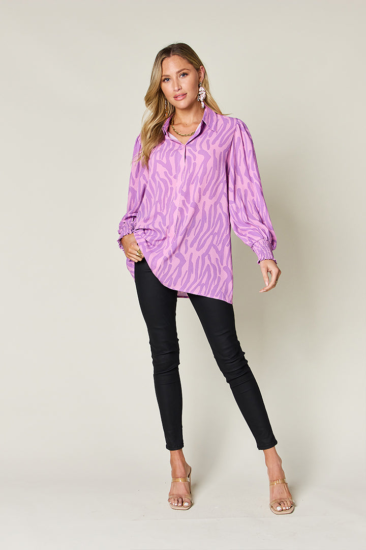 Isaac Double Take Printed Smocked Long Sleeve Blouse