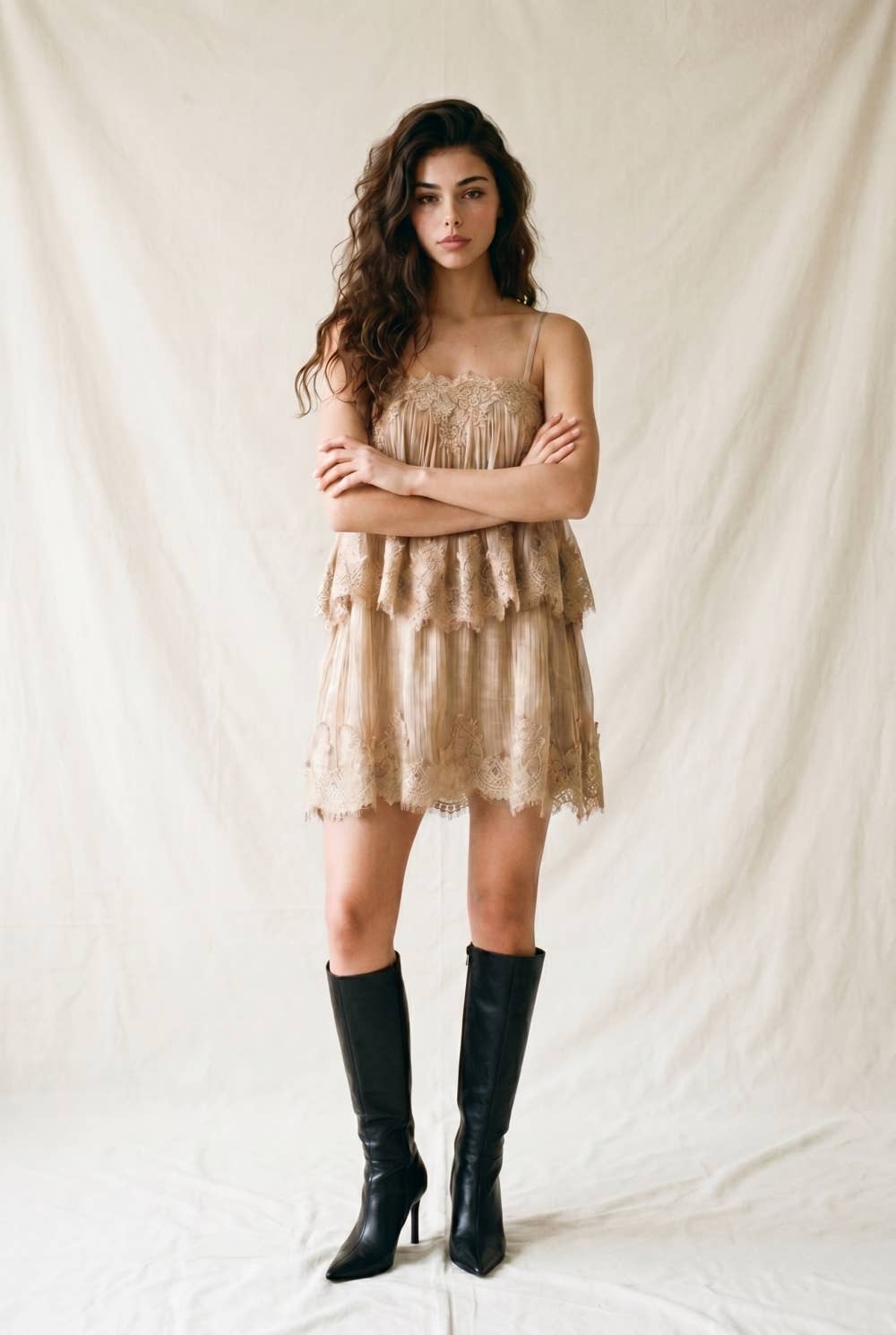 Pleated Tiered Mini Babydoll Dress with Lace Trim