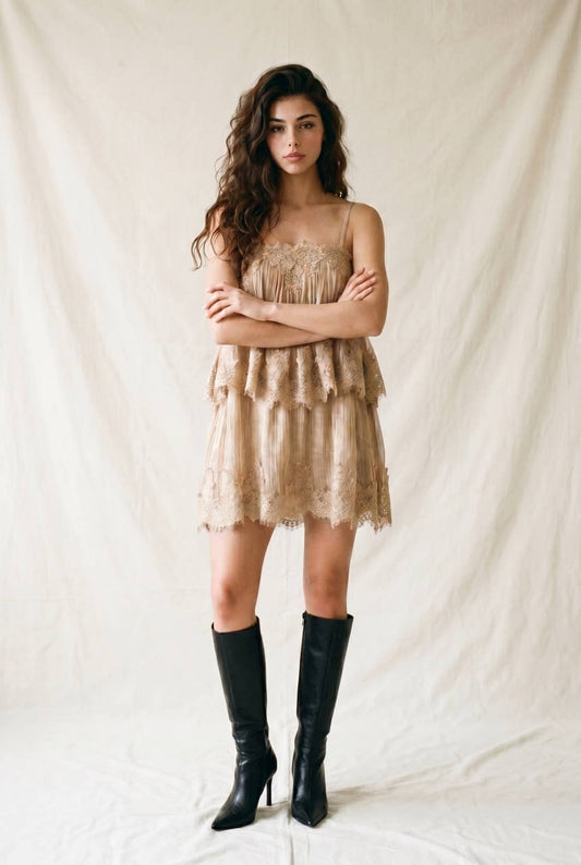 Pleated Tiered Mini Babydoll Dress with Lace Trim