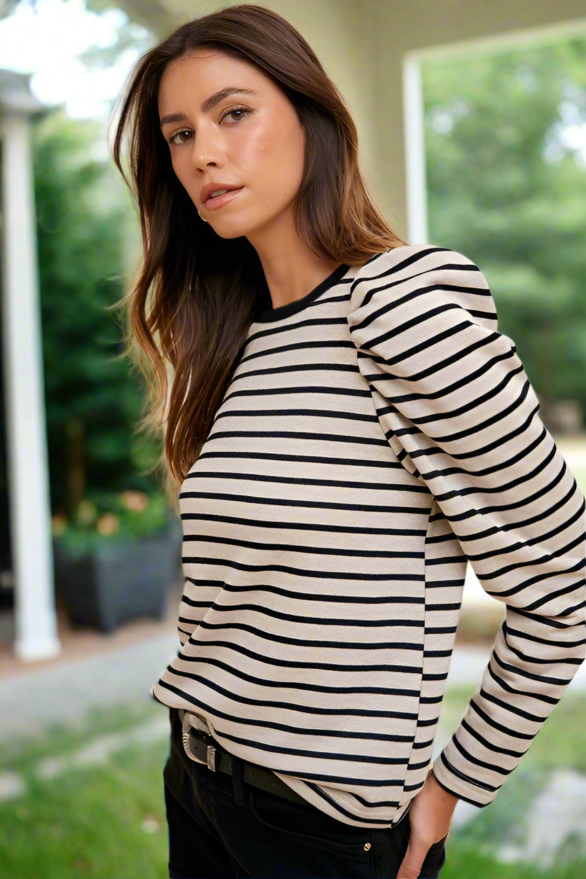 Annie Wear Striped Round Neck Puff Sleeve French Terry Top