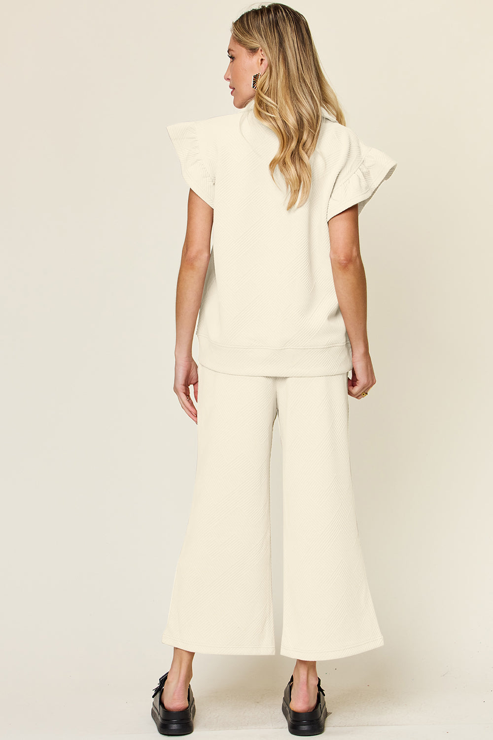 Double Take Texture Ruffle Wide Leg Pants Set