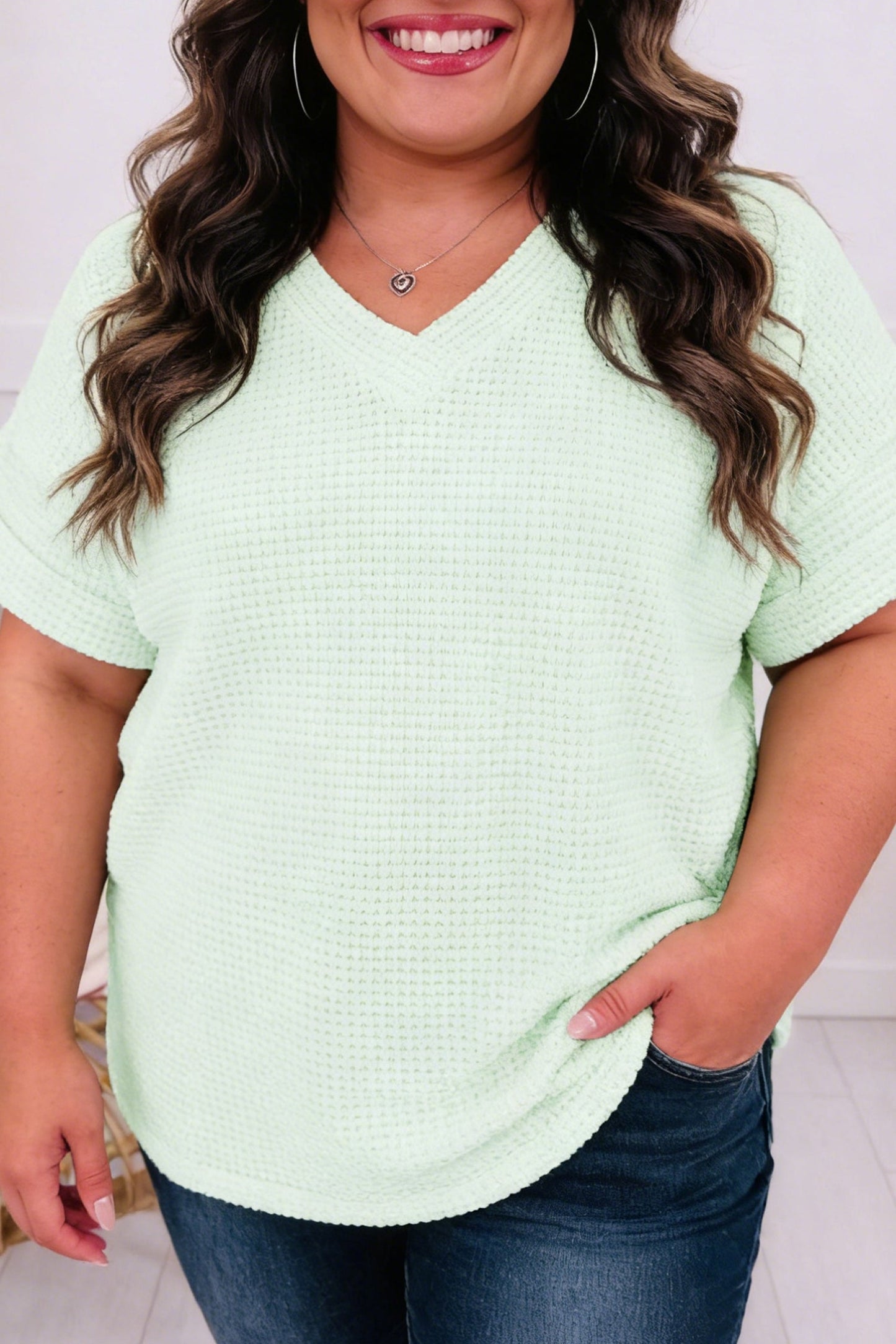Plus Size Solid Waffle Knit V-Neck Short Sleeve Top