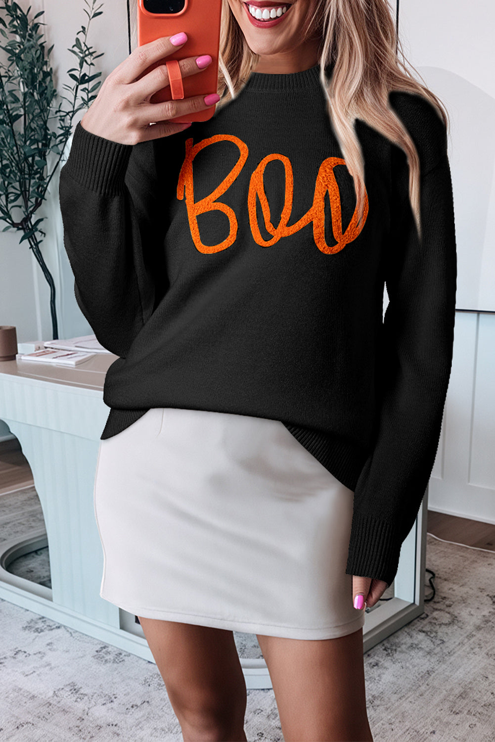 Boo Embroidered Ribbed Knit Top