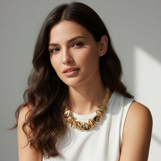 Chunky Polished Metal Marbled Resin Pebble Beaded Statement Necklace