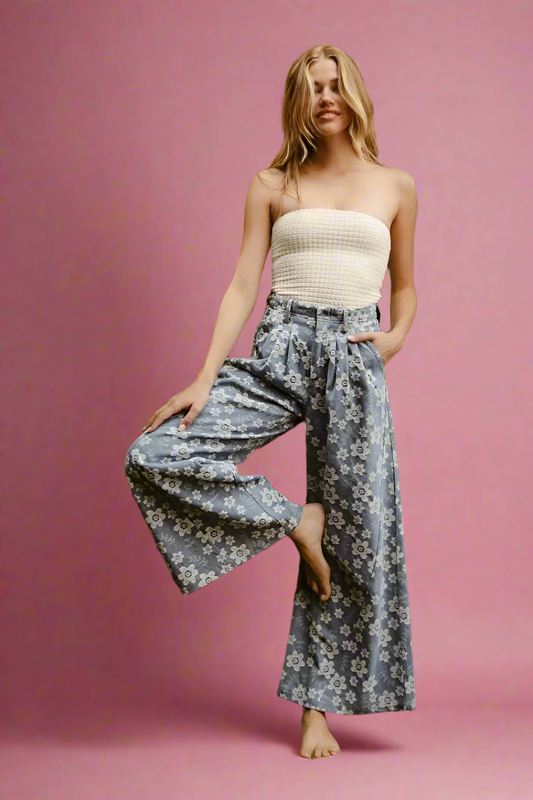 BiBi Floral Texture Wide Leg Jeans
