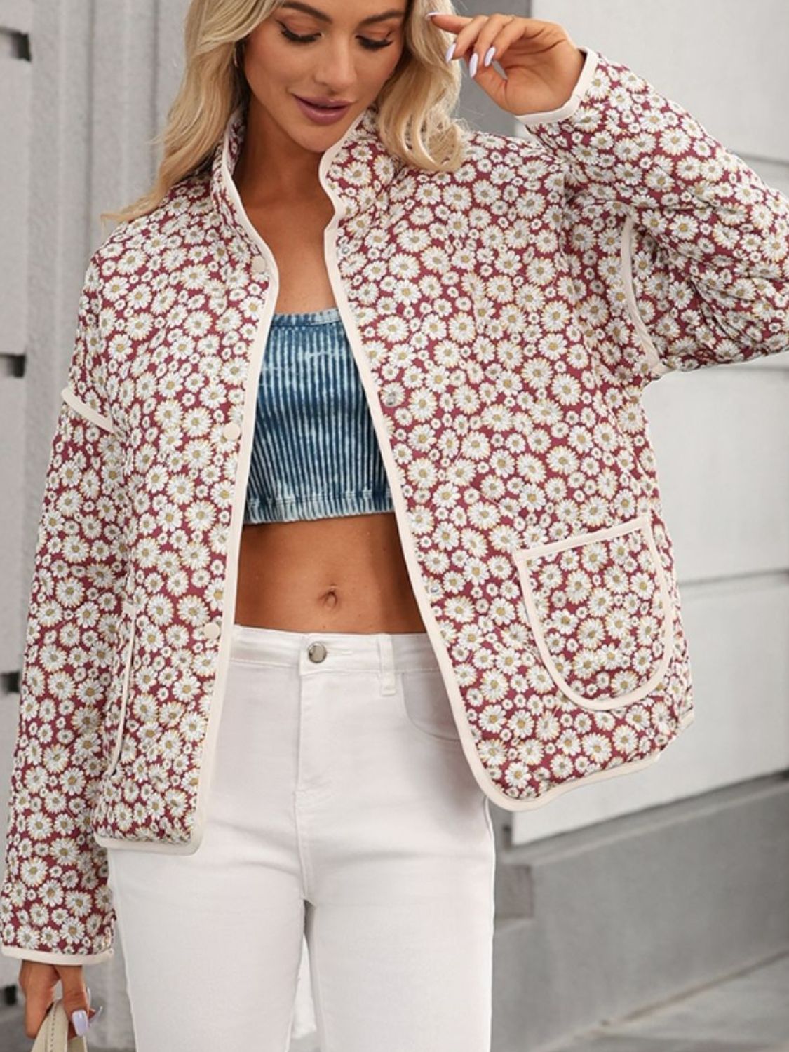 Winter Daisies Quilted Snap Button Jacket