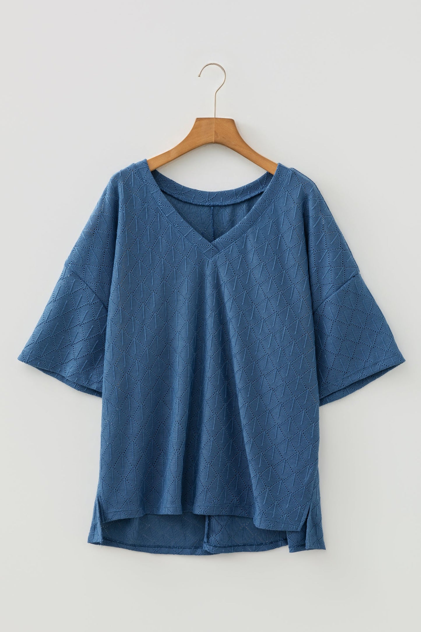 Plus Size Solid Pointelle Knit Rhombus V-Neck Top