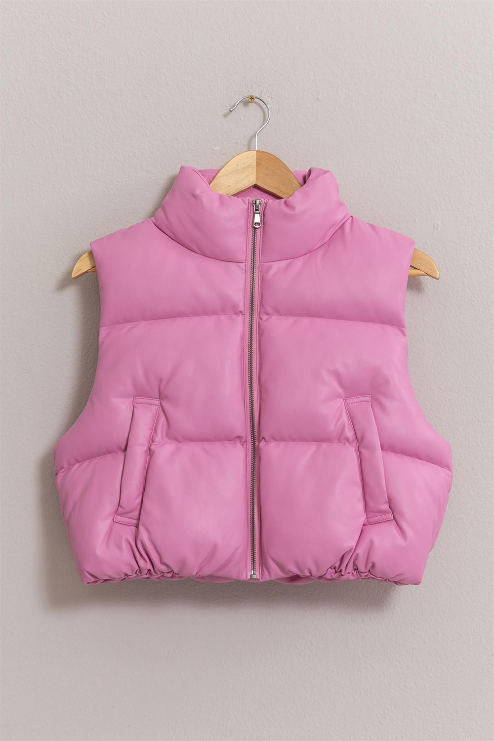 HYFVE Pink Leather Cropped Puffer Vest