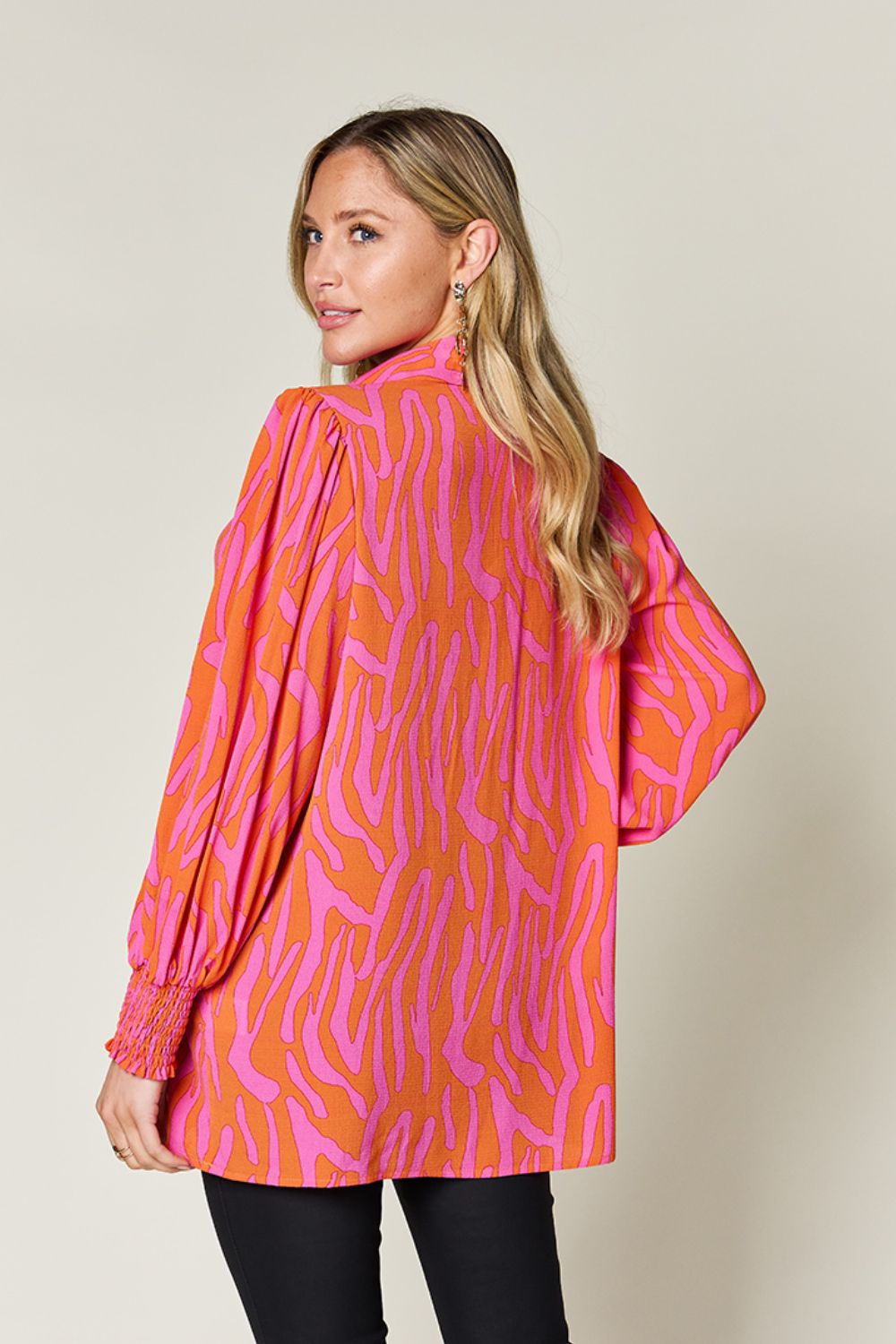 Isaac Double Take Printed Smocked Long Sleeve Blouse