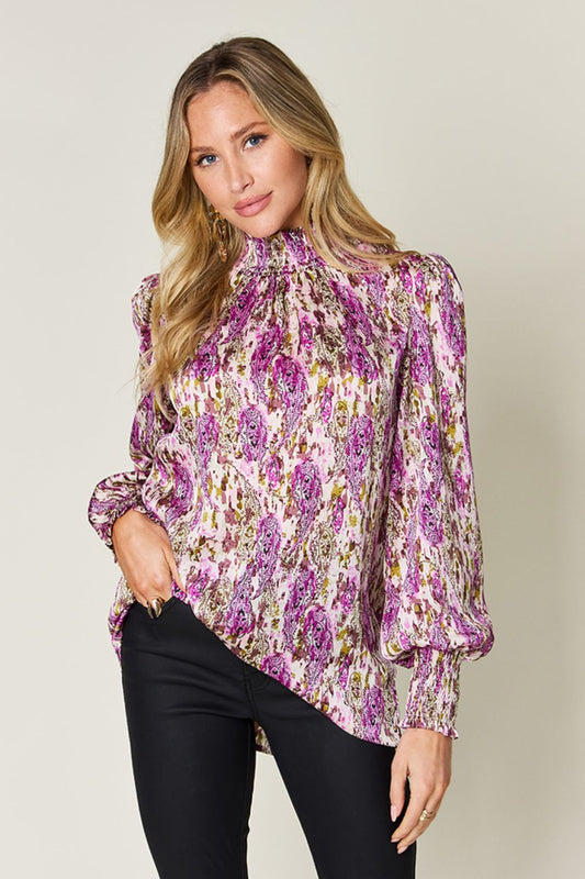 Double Take Printed Smocked Long Sleeve Top