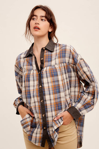 Mixed Plaid Oversized Button-Down Shirt