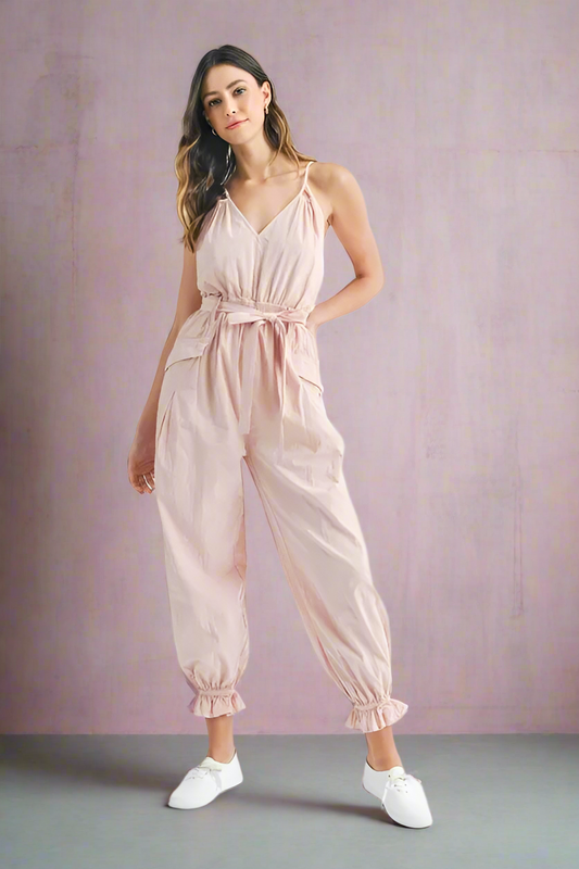 MABLE Washed Fabric Spaghetti Strap Waist Belted Jumpsuit