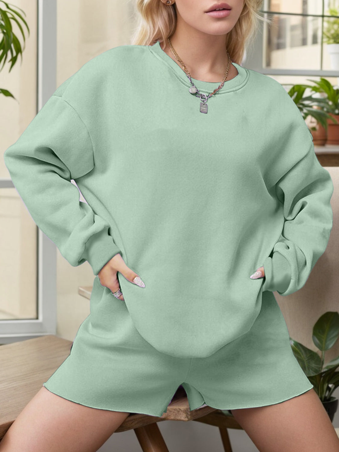 100% Cotton Round Neck Sweatshirt and Shorts Set