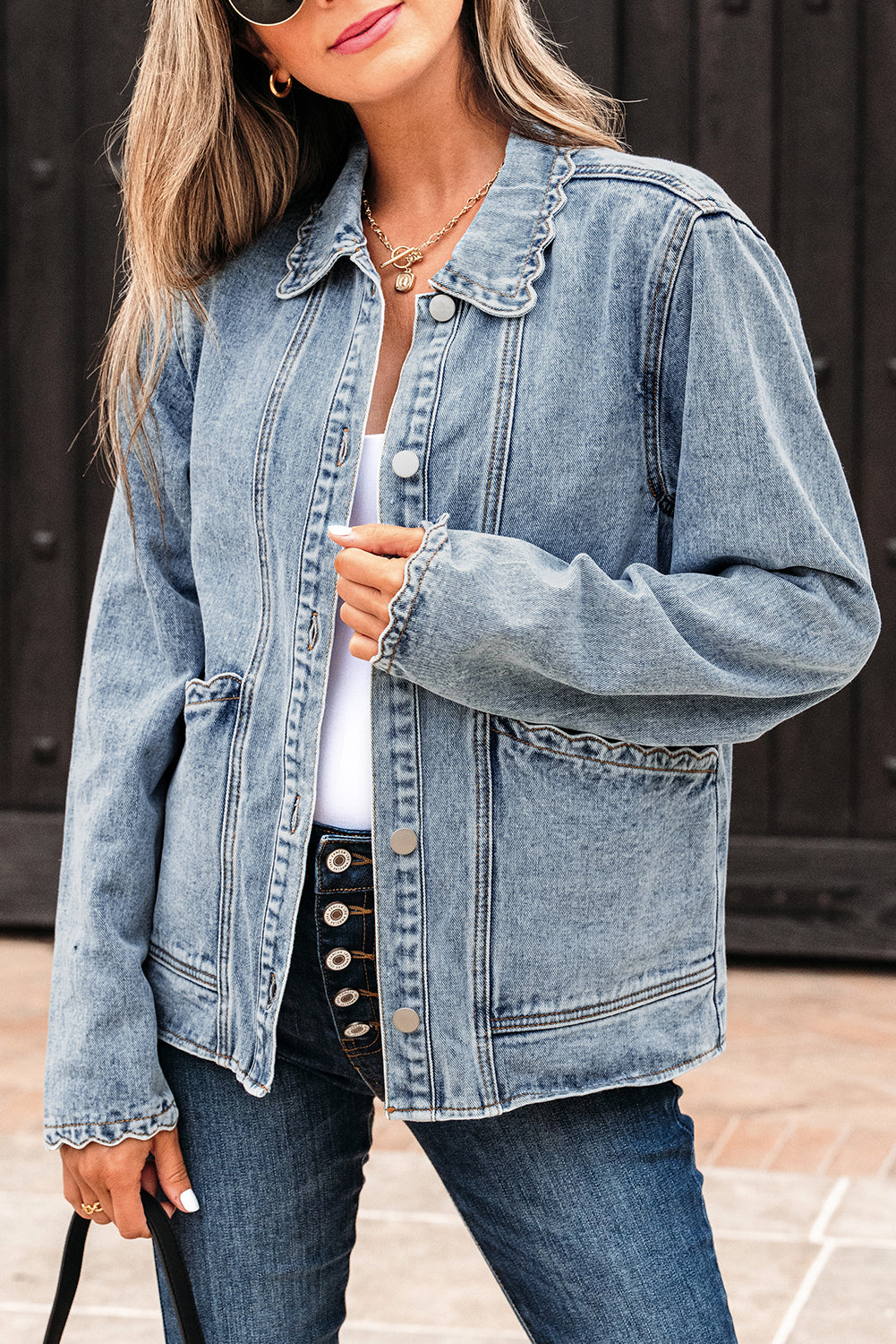 Solid Denim Scallop Collar Patch Pocket Buttoned Jacket