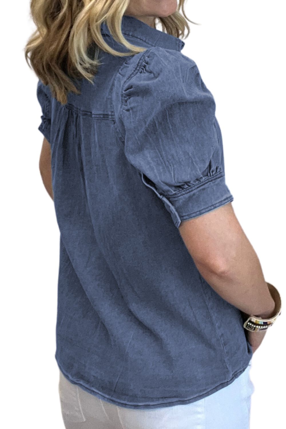 Be The Difference Button Up Puff Sleeve Denim Top
