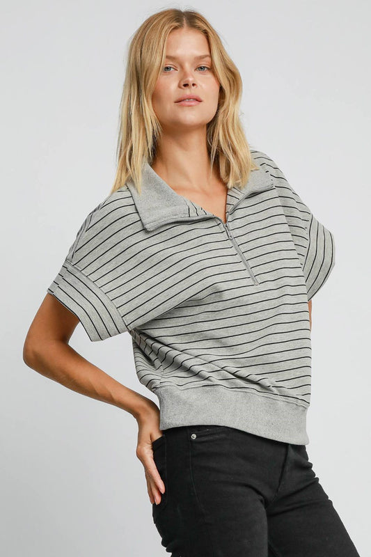 Umgee Striped Half Zip Short Sleeve Top