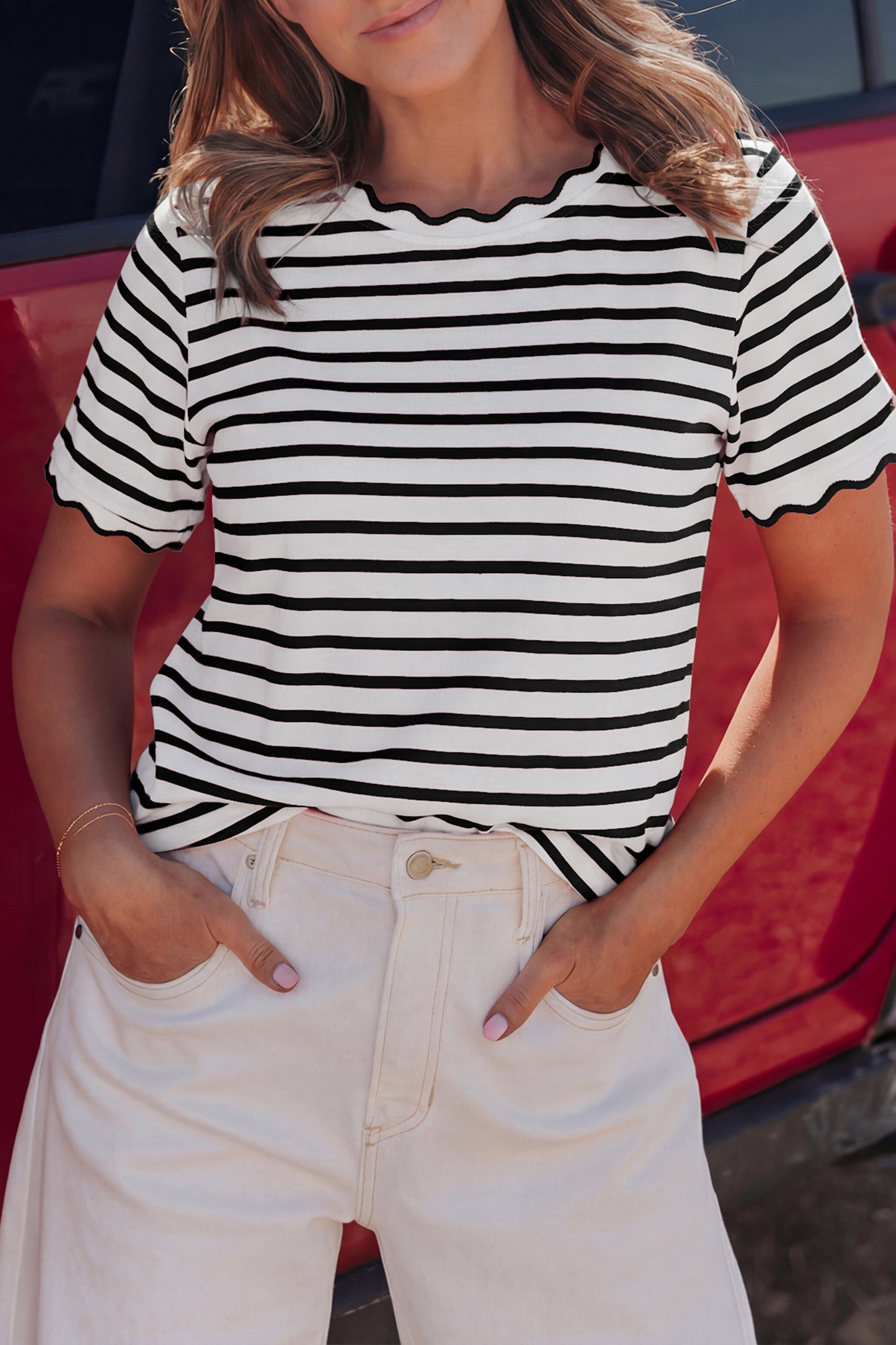 Natalie Scalloped Striped Knit Top