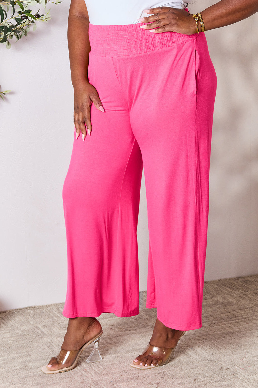 Double Take Smocked Wide Waistband Wide Leg Pants