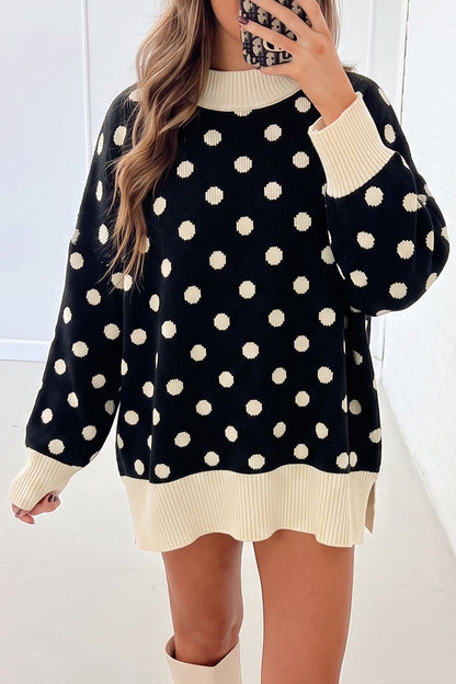 Green Polka Dot Pattern Ribbed Colorblock Trim Split Tunic Sweater