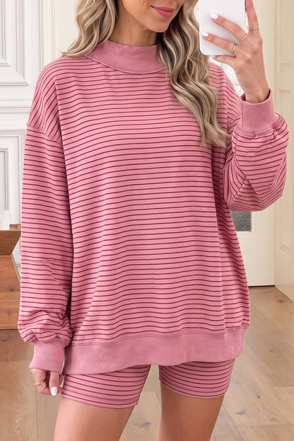 66 Stripe Mock Neck Pullover Matching Shorts Set