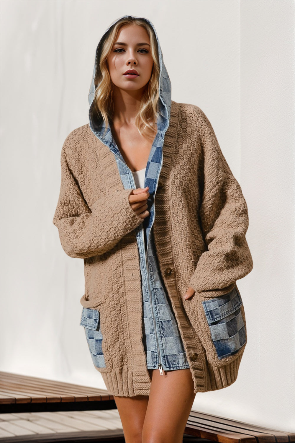 Double Take Hooded Denim Spliced Sweater Cardigan