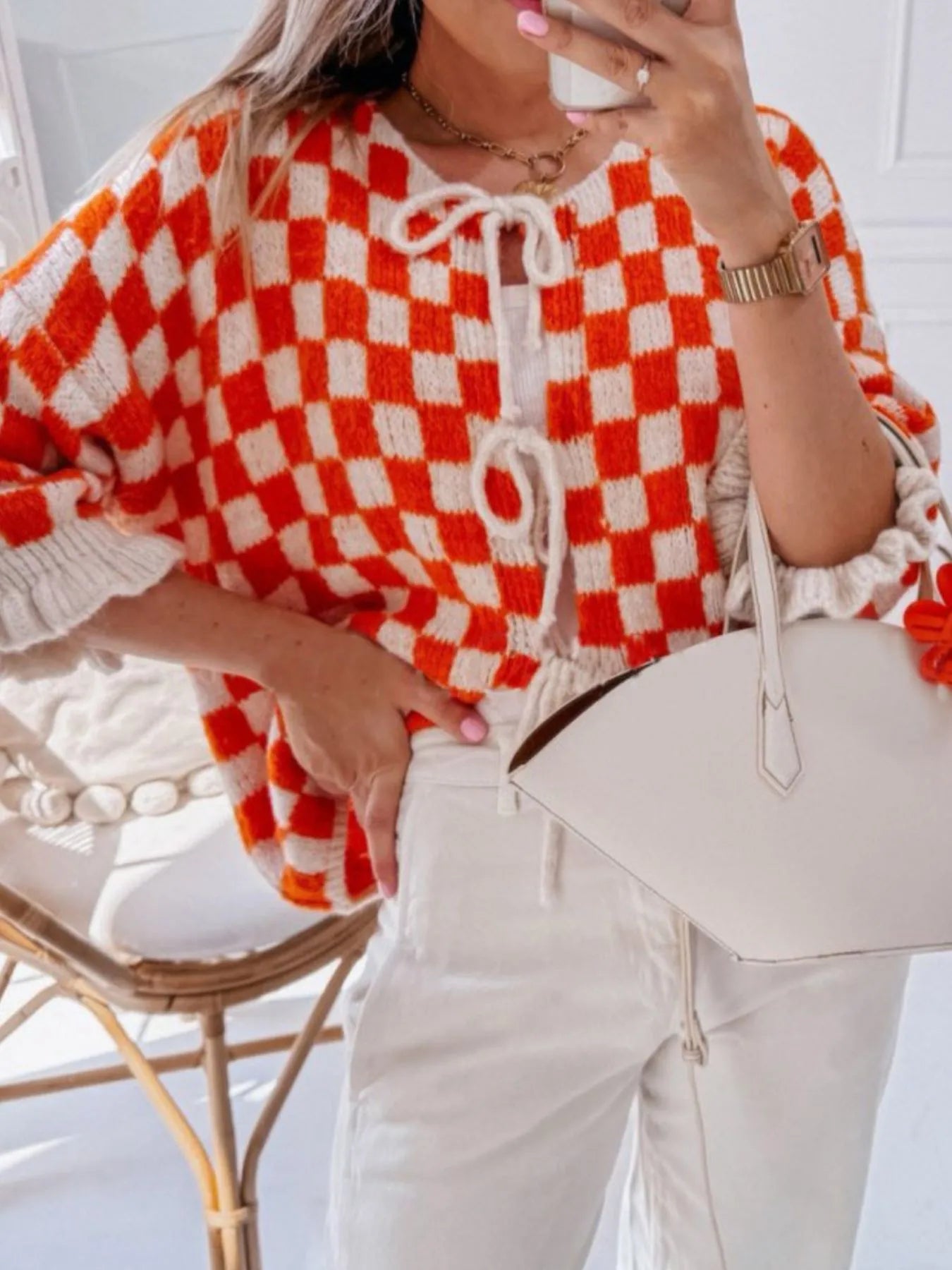 Checkered Tie-Front Knit Cardigan