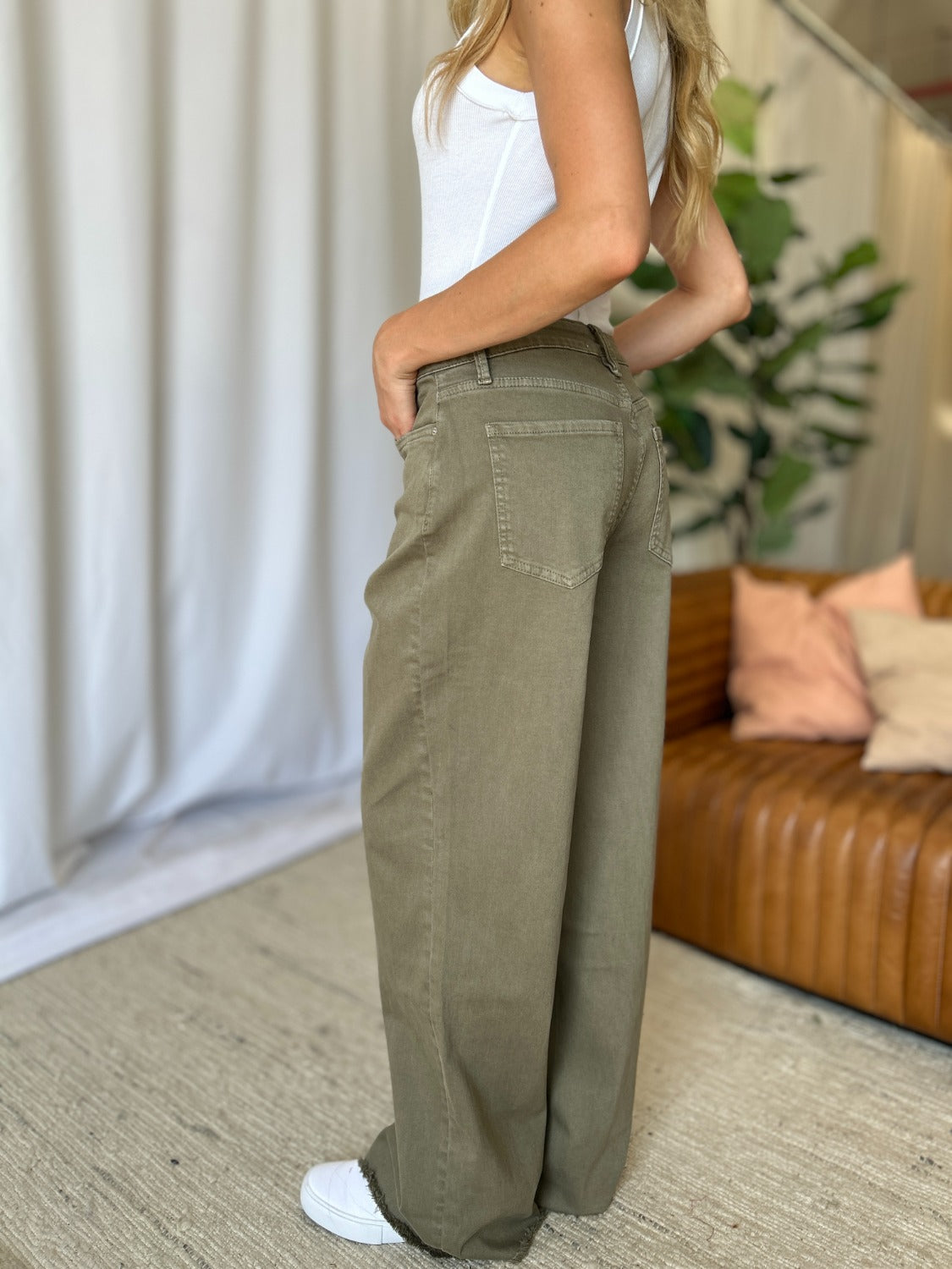 RFM High Rise Olive Garment Dye Wide Leg  Jeans