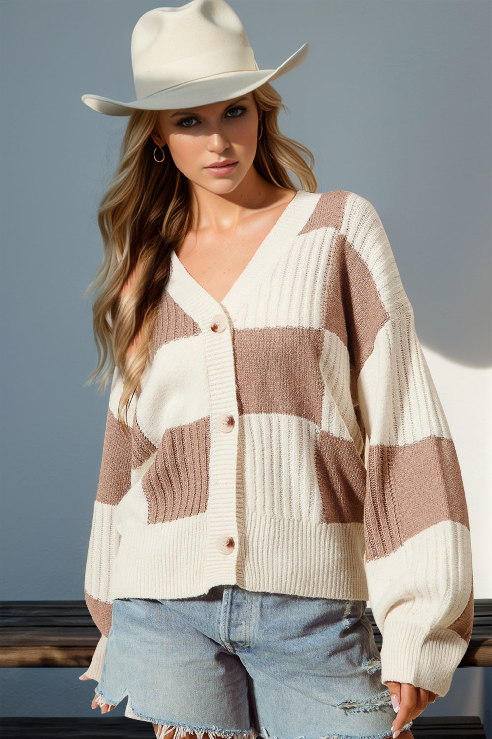 Double Take Checkered Dropped Shoulder Cardigan